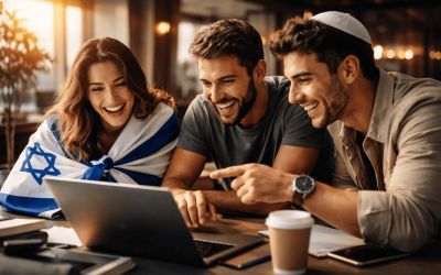 People gathered around laptop computer screen laughing.