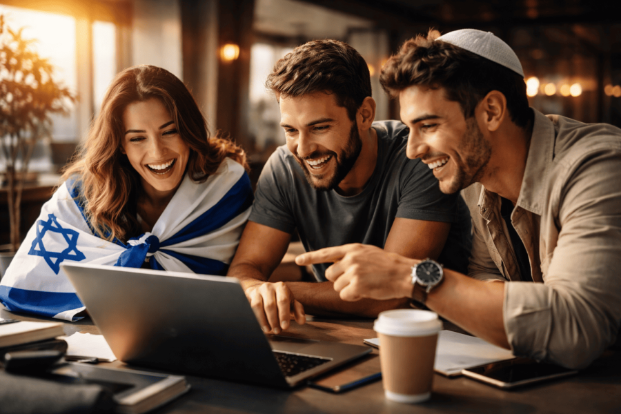 People gathered around laptop computer screen laughing.