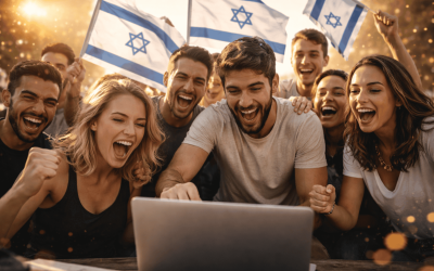 People cheering with Israeli flags on a laptop screen.
