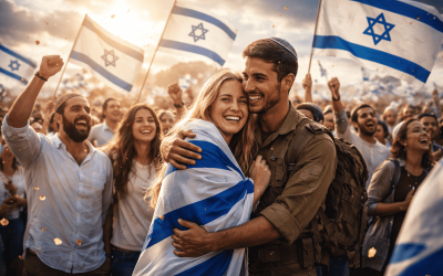 People celebrating with Israeli flags and a Star of David.