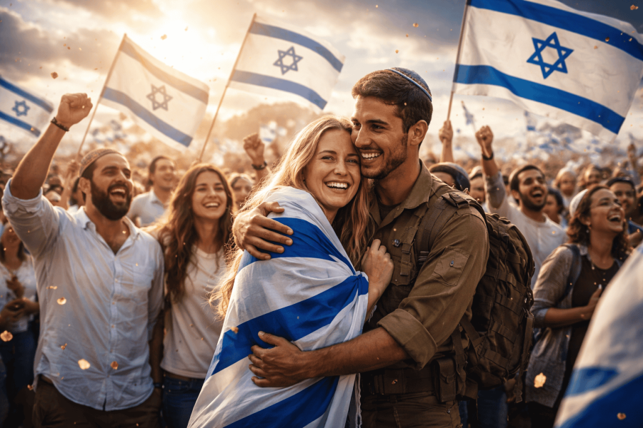People celebrating with Israeli flags and a Star of David.