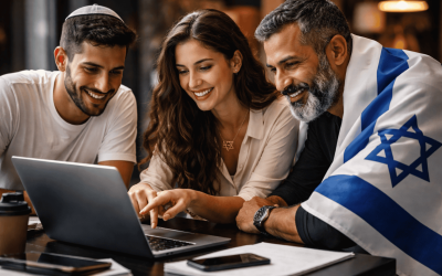 Jewish people working on laptop together.