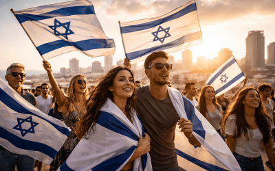Israeli flags waving in celebration with joyful people.