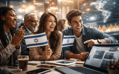 People cheering with Israeli flags and laptop.