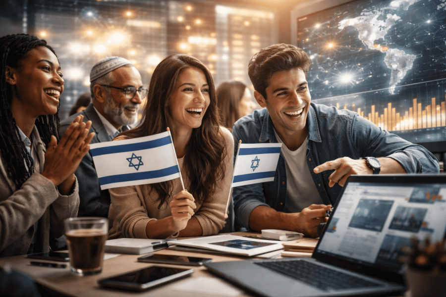 People cheering with Israeli flags and laptop.