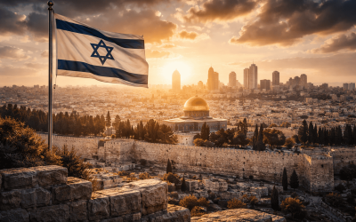 Israeli flag waving over Jerusalem cityscape.