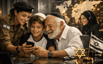Israeli family smiling and looking at a map together.