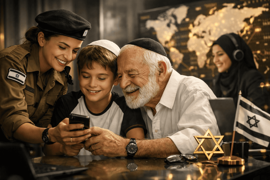 Israeli family smiling and looking at a map together.