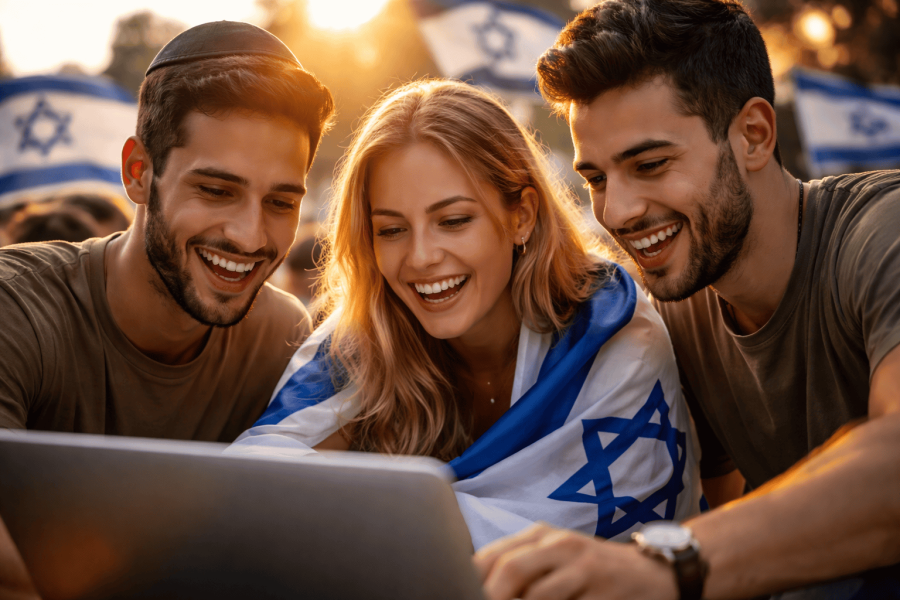 People looking at laptop with Israeli flag.