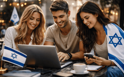 Three friends smiling with Israeli flag.