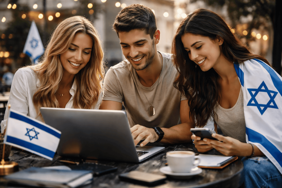Three friends smiling with Israeli flag.