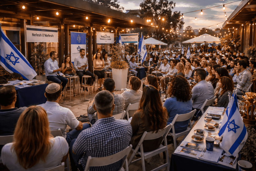 People sitting in chairs at an outdoor event space.