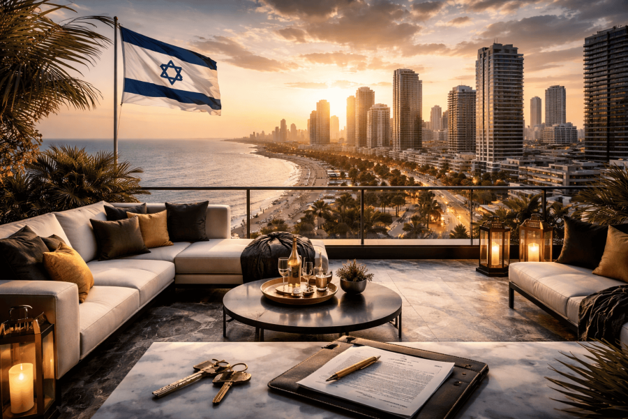Modern living room with Israeli flag and city view.
