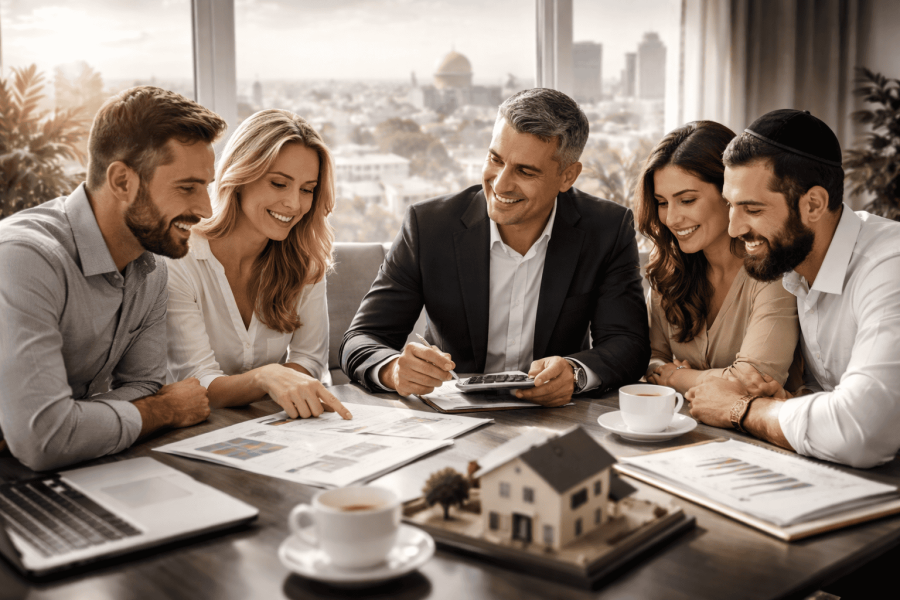 People discussing documents with house model on table.