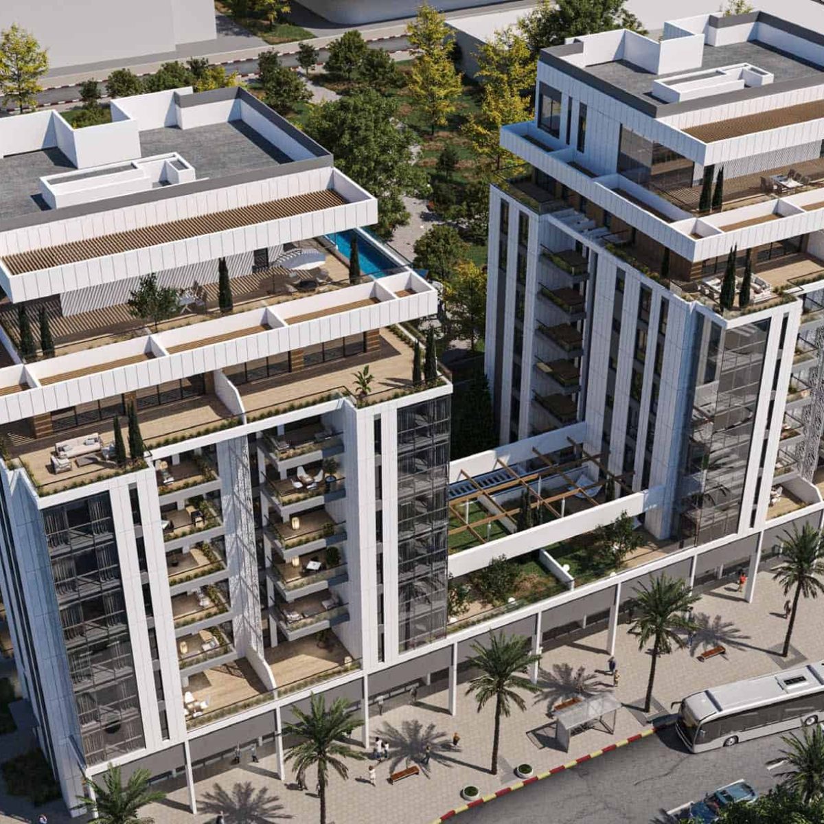 Modern white buildings with balconies and rooftop gardens.