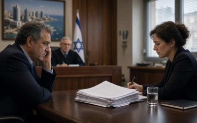 2 people in court in israel with papers in frontof them and a judge looking