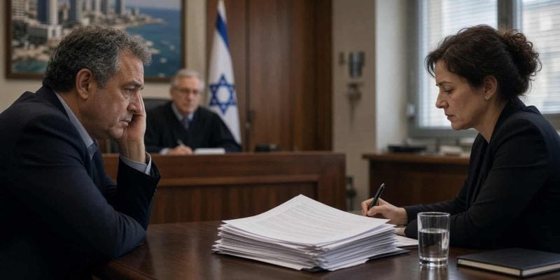 2 people in court in israel with papers in frontof them and a judge looking