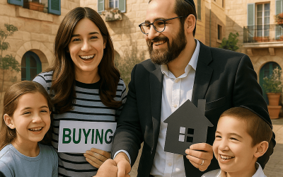 The image shows a family of four standing in front of a stone building with green shutters. The father, wearing a black suit and a black kippah, is holding a house-shaped cutout. The mother, dresse...