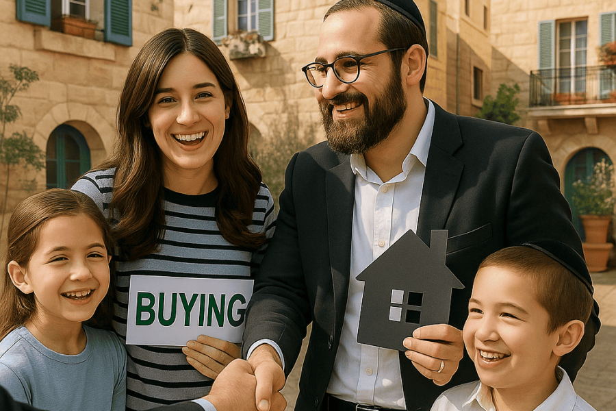 The image shows a family of four standing in front of a stone building with green shutters. The father, wearing a black suit and a black kippah, is holding a house-shaped cutout. The mother, dresse...