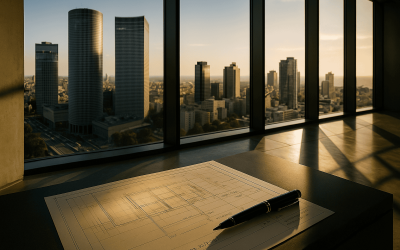 Cityscape view from office building with blueprints.