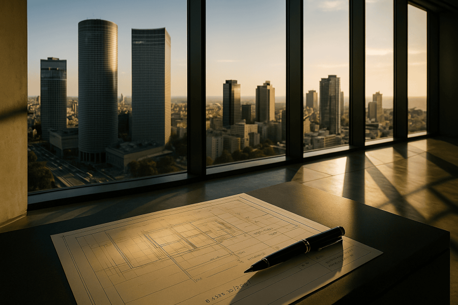 Cityscape view from office building with blueprints.