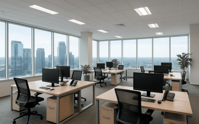 office space with computer workstations and chairs.