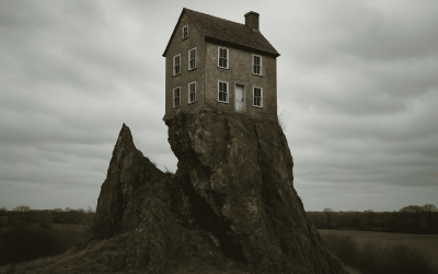 Dark house on a rock at nighttime scene.