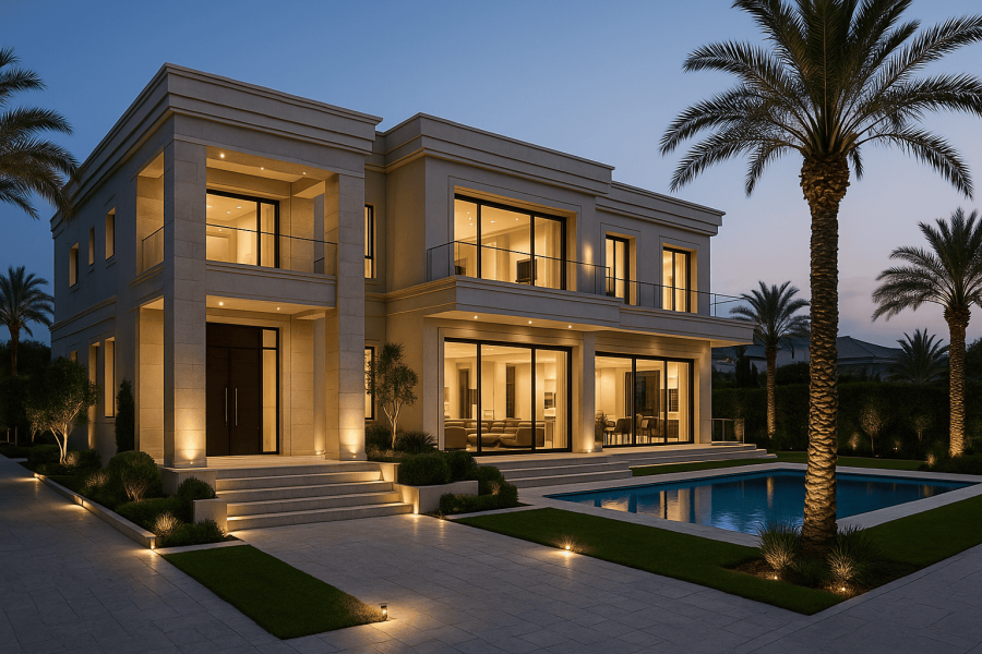 Modern luxury home with pool and palm trees outside.