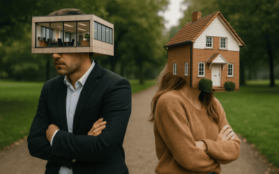 Man with office on head next to man with house.