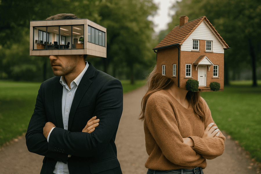Man with office on head next to man with house.