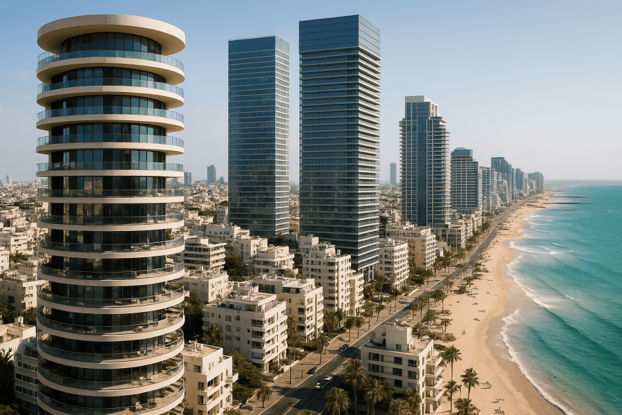 Dark cityscape with tall buildings by the beach.