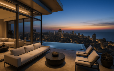 Modern living room with city skyline view.