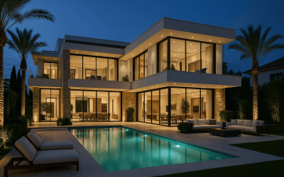 Modern luxury home with pool and palm trees outside.