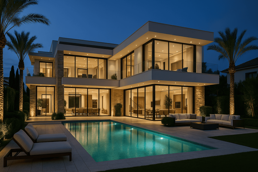 Modern luxury home with pool and palm trees outside.