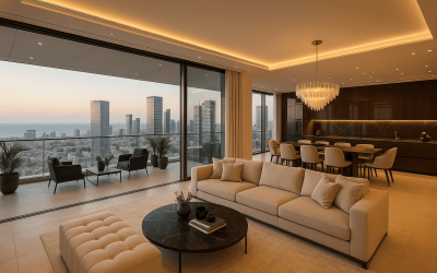 Modern living room interior with city view.
