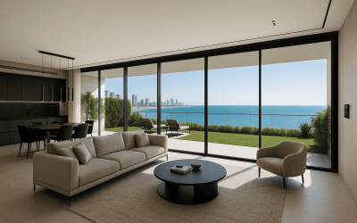Modern living room with city skyline view at night.