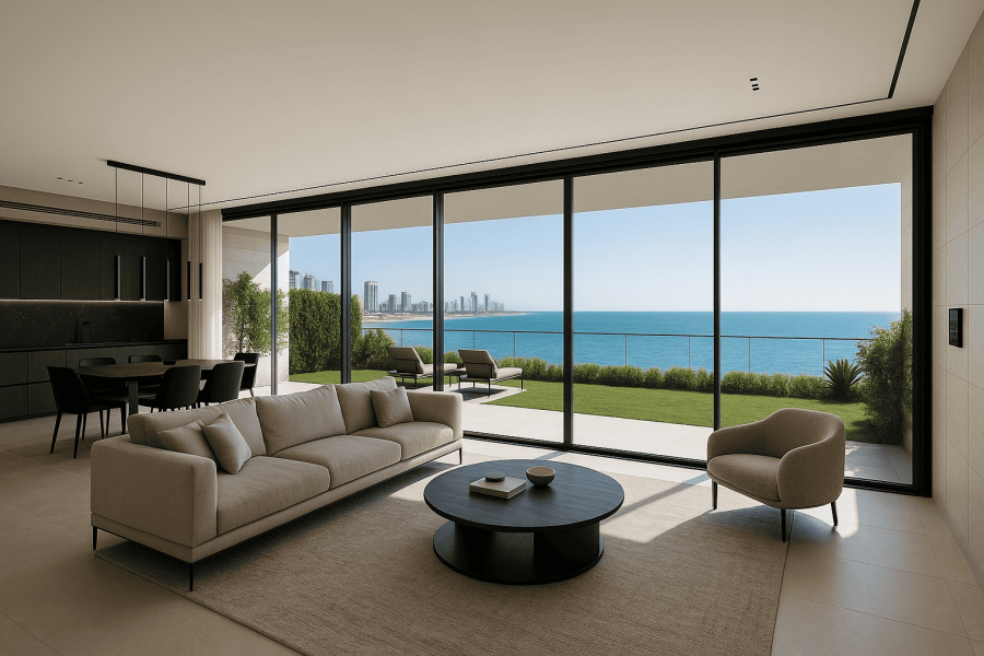 Modern living room with city skyline view at night.
