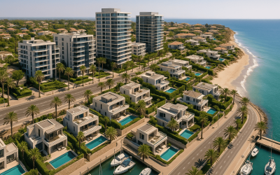 Luxury waterfront residential complex with modern architecture.