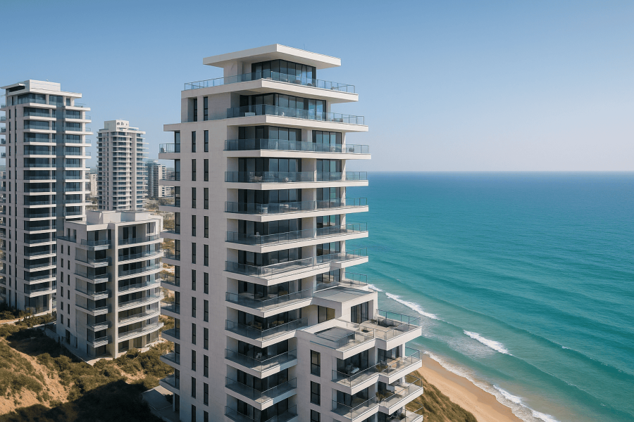 Abandoned beachfront condos in a post-apocalyptic setting.