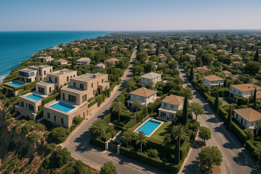 Houses on a beachside neighborhood with trees.