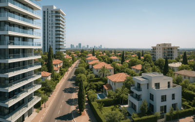 modern cityscape with buildings and trees shown.