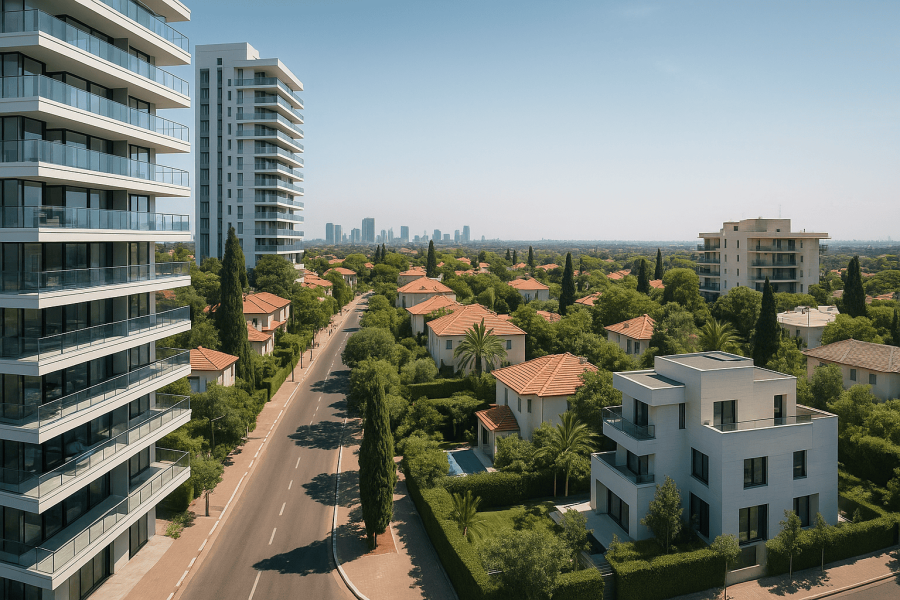 modern cityscape with buildings and trees shown.