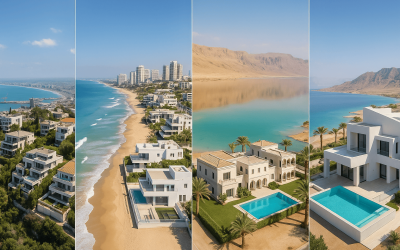 Modern beachfront properties with palm trees and ocean views.