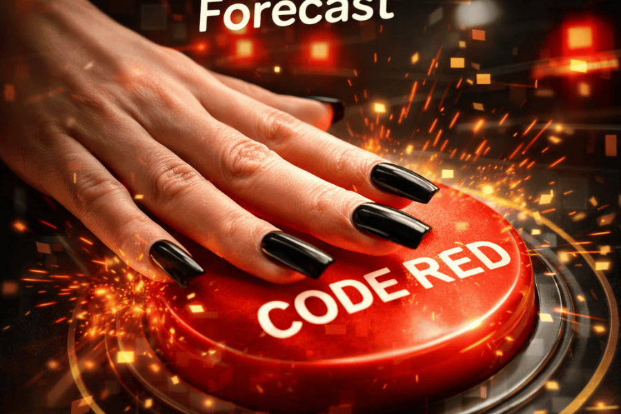 The image features a hand pressing a large red button labeled "CODE RED." The button is surrounded by glowing orange sparks and a dark, futuristic background. Above the button, the text reads "Hous...