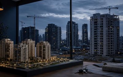 3d model of buildings windows open to a view outside