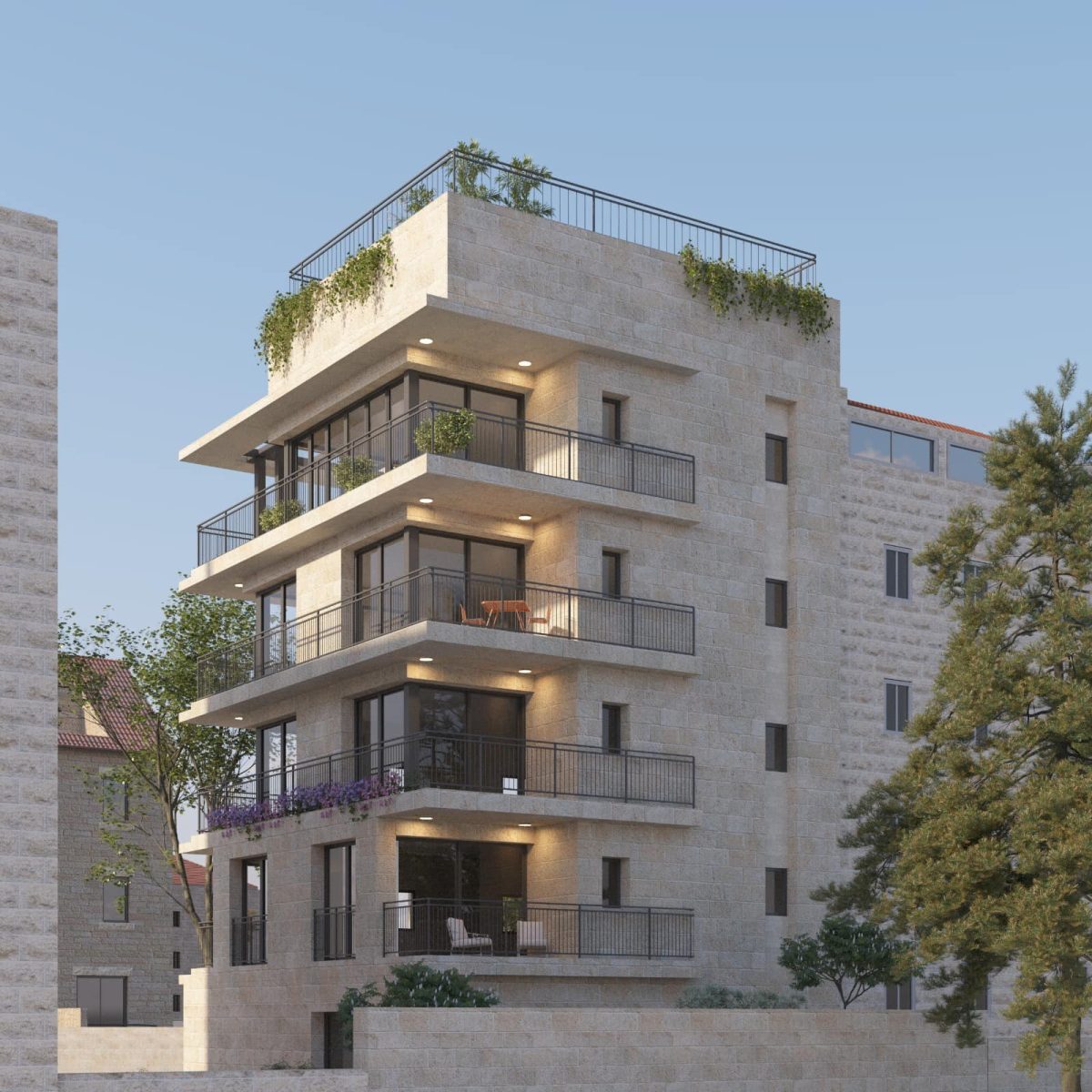 Building Exterior - Daytime: A modern stone residential building with four floors, balconies adorned with greenery, located at 21 Ha'Ari Street, Rehavia, Jerusalem.