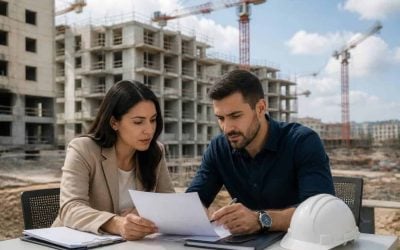 Buyer reviewing a new apartment purchase contract near a modern residential construction site in Israel