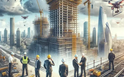 The image depicts a bustling construction site in an urban environment. Several tall buildings are under construction, with cranes and scaffolding visible. The sky is filled with clouds and flying...