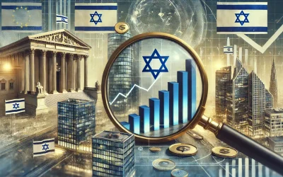 A magnifying glass reveals a bar graph with blue bars and a white Star of David, surrounded by a cityscape, flags, and coins.