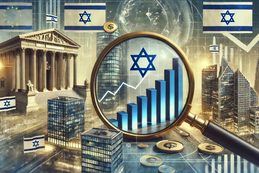 A magnifying glass reveals a bar graph with blue bars and a white Star of David, surrounded by a cityscape, flags, and coins.